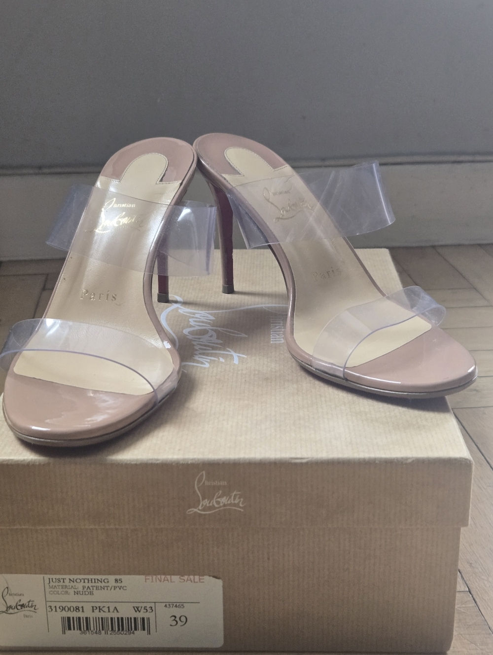 Christian Louboutin Just Nothing 85  Nude Patent PVC Slide Stiletto Sandals 39